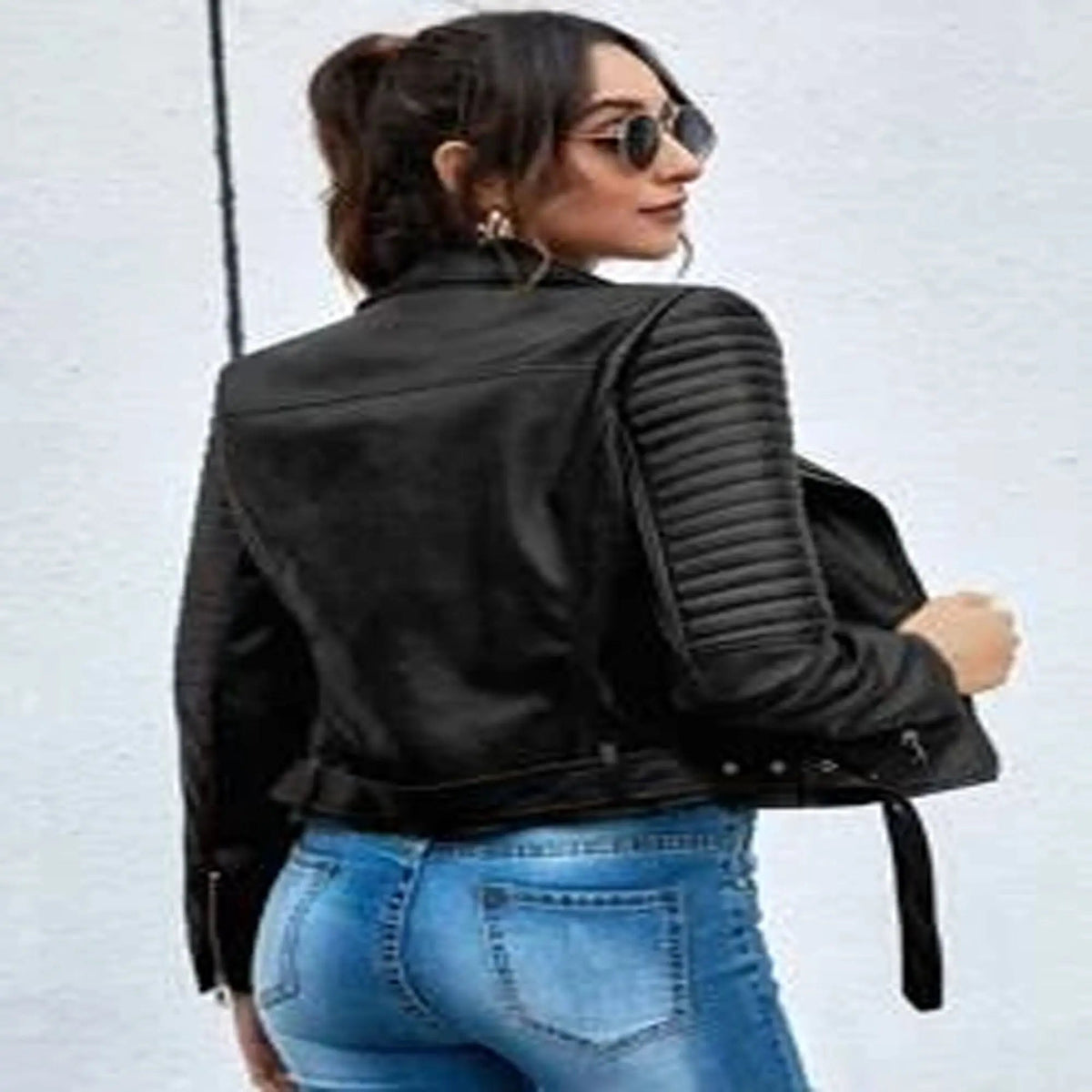 Women's Premium Genuine Leather Jacket Lapel Collar Belted Zip Moto Style, back view