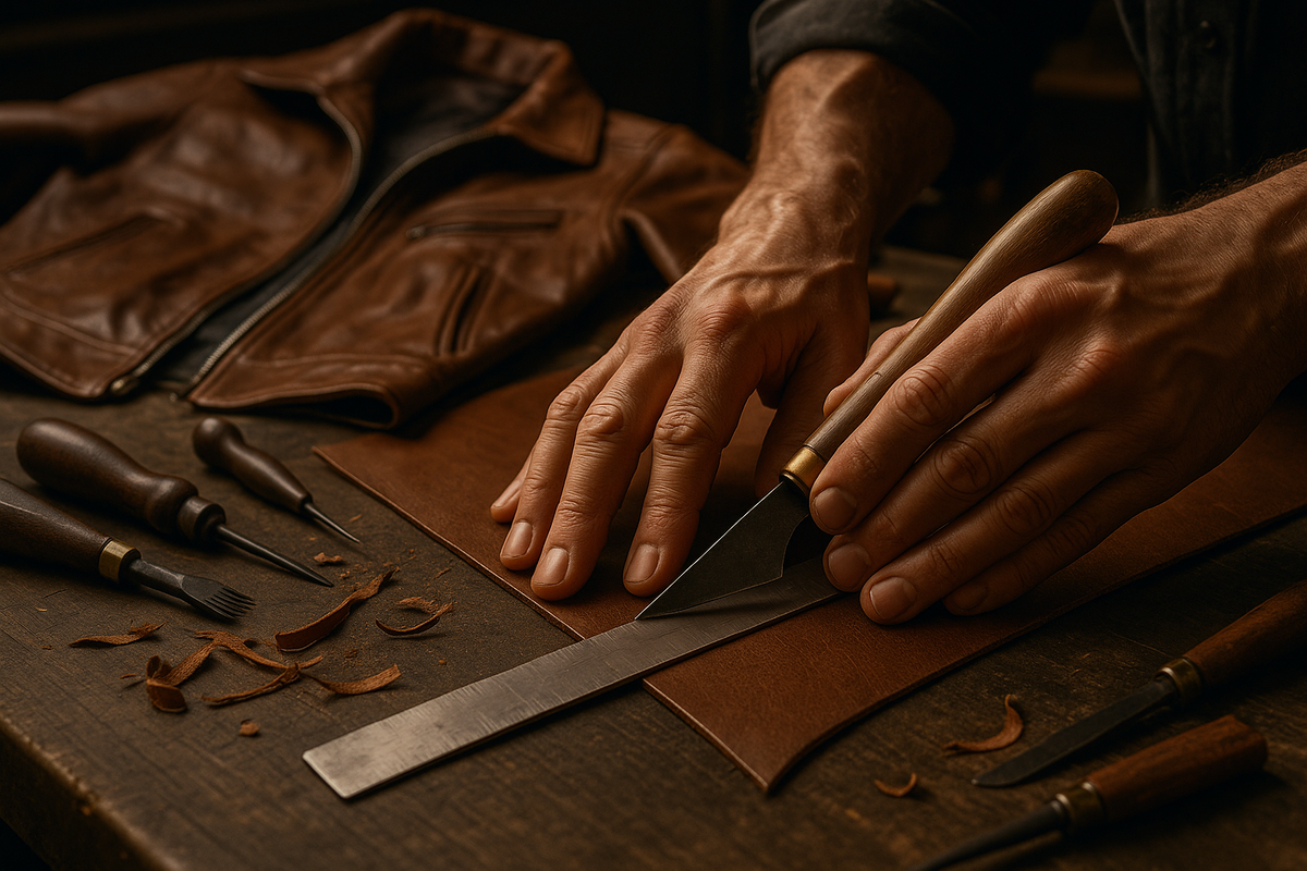 Close-up of hands cutting brown leather along a metal ruler beside a leather jacket