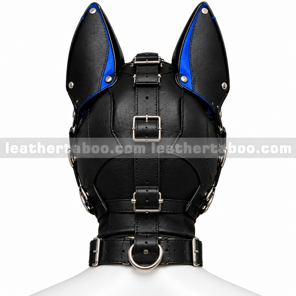 Back view of black leather pup hood showing blue ear accents, stitched panels, adjustable rear buckle straps and a black neck collar.