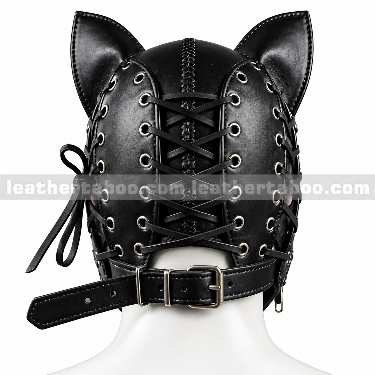 Rear view of black leather cat hood with pointed ears, crossed back lacing through metal eyelets and an adjustable buckled neck strap.