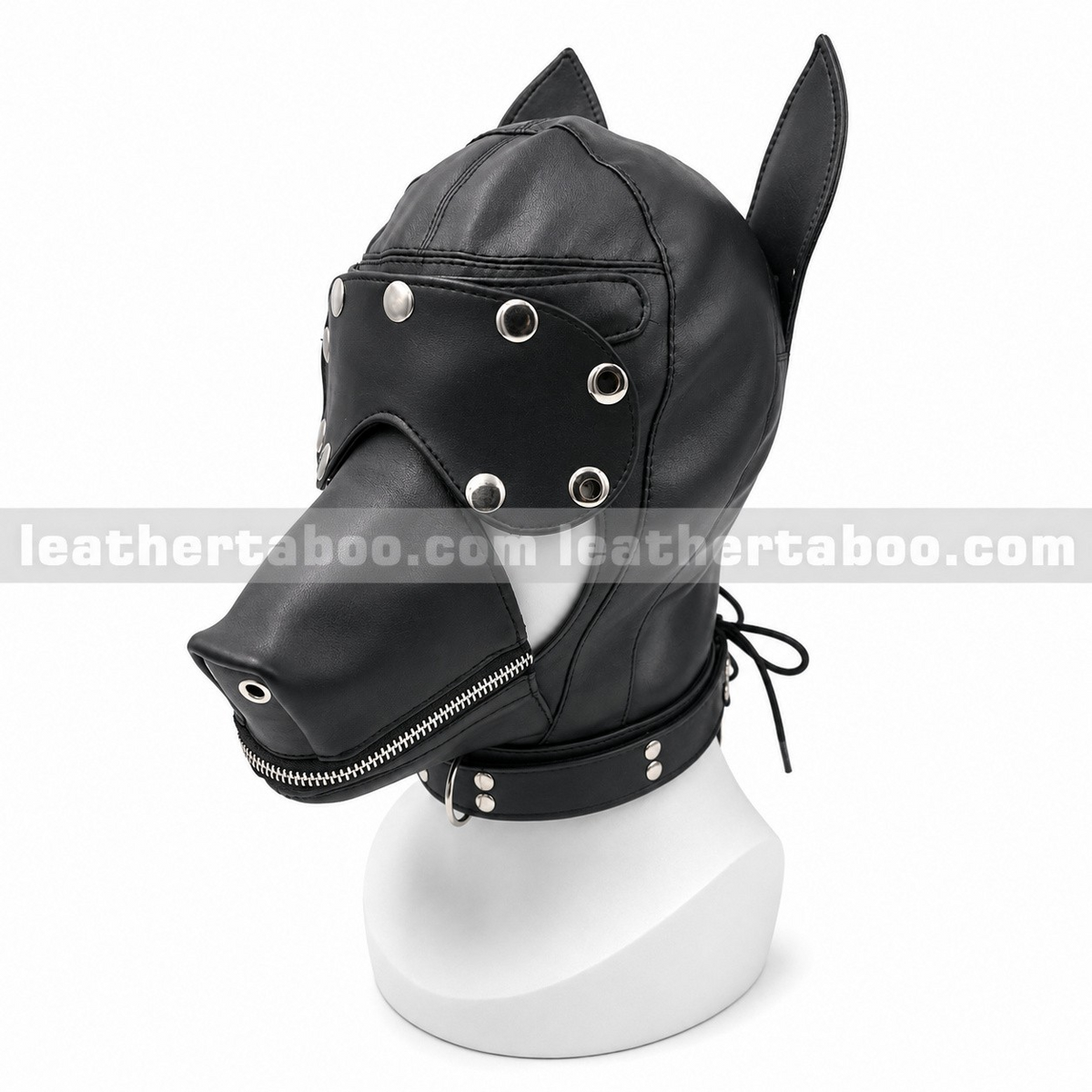 Angled view of black leather dog hood with pointed ears, eye-cover panel, shaped zippered muzzle and riveted collar displayed on a white mannequin.