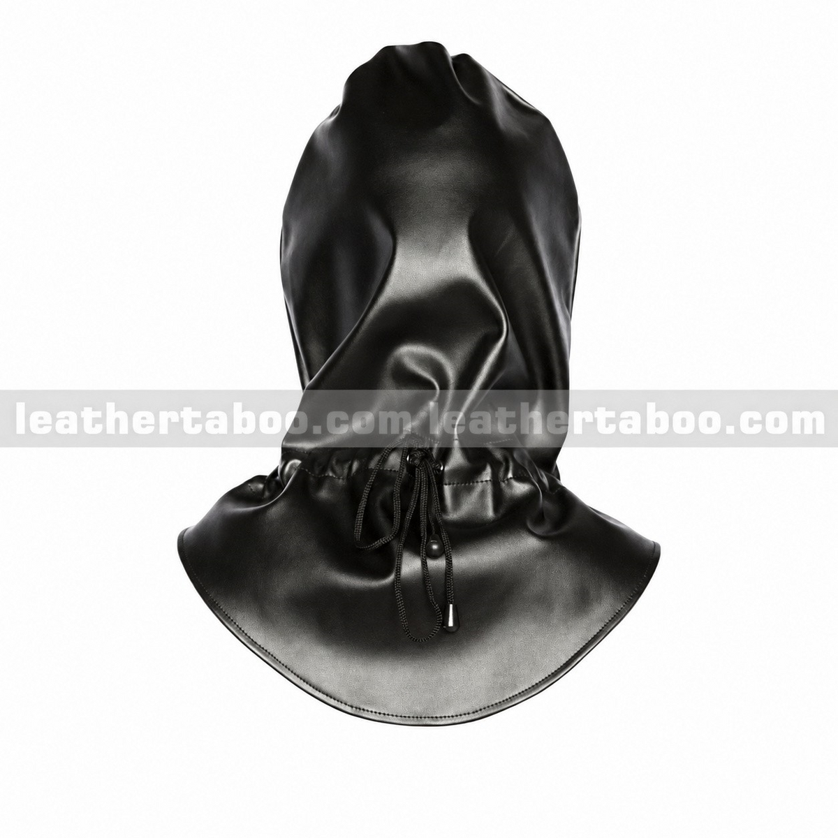 Rear view of black genuine leather full-head hood showing a gathered drawstring neckline and wide stitched shoulder bib against a white background.