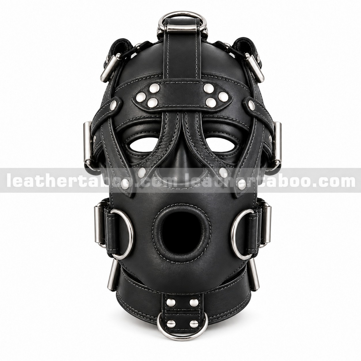 Front view of black leather harness hood mask showing eye openings, circular mouth cutout, riveted straps and silver-tone D-rings on white background.