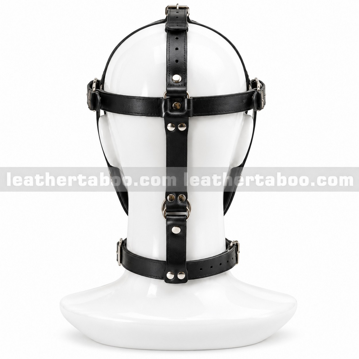 Back view of black leather head harness showing central rear strap, adjustable buckles, silver-tone rivets and connected collar on a white form.