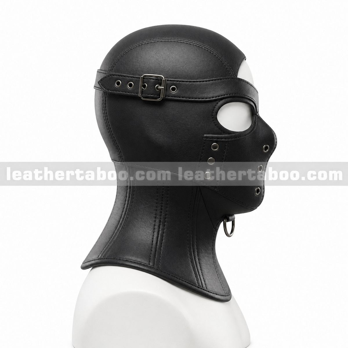 Side view of black leather hood showing buckle head strap, open eye, riveted face panel, chin ring and tall neck section on a white mannequin.