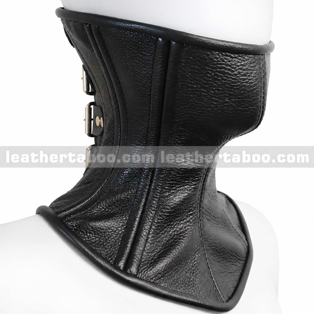 Angled view of black leather neck corset with textured panels, vertical stitched channels, bound edges and flared shoulder base on a white mannequin.