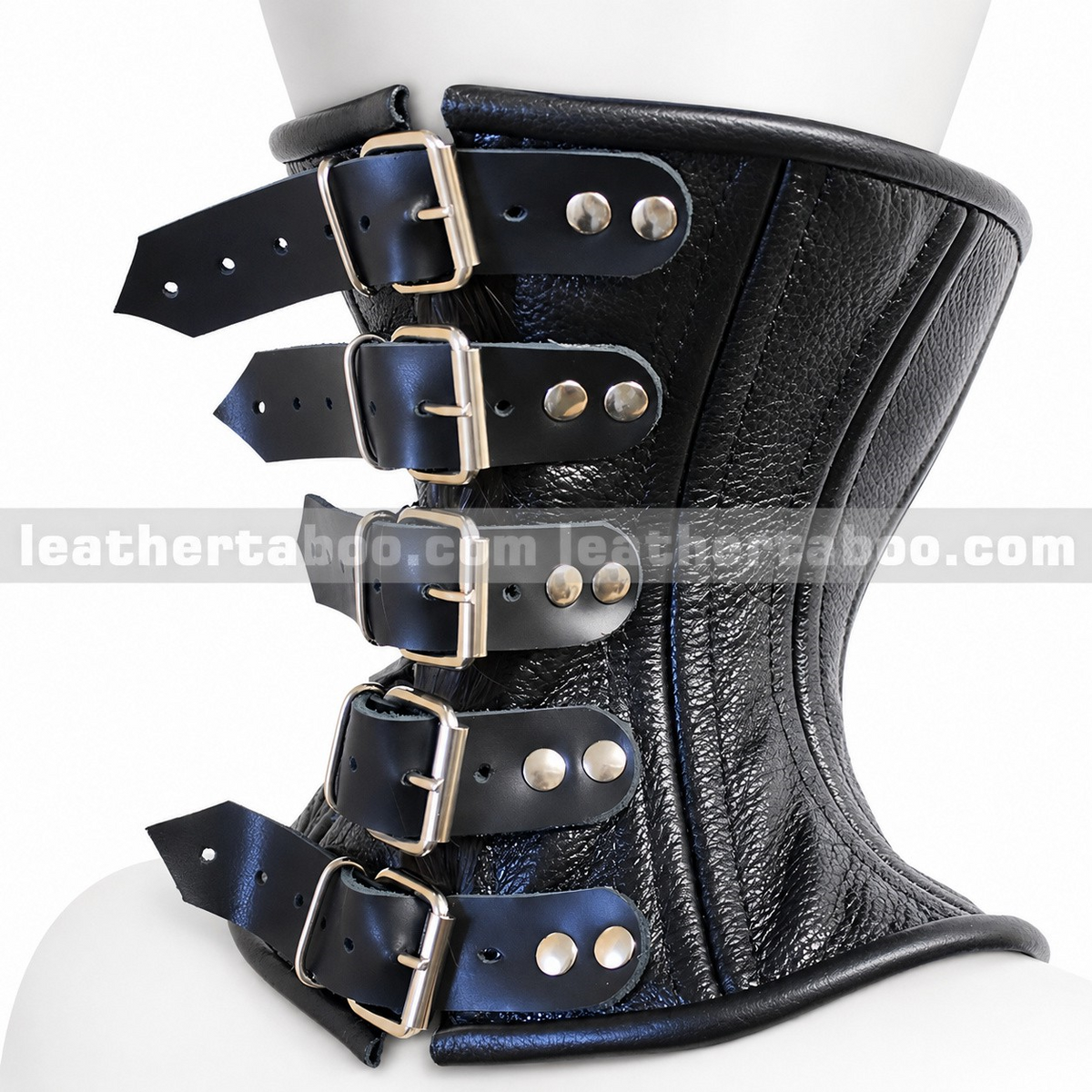 Closure view of black leather neck corset showing five buckle straps, riveted tabs, adjustment holes and textured leather panels on a white mannequin.
