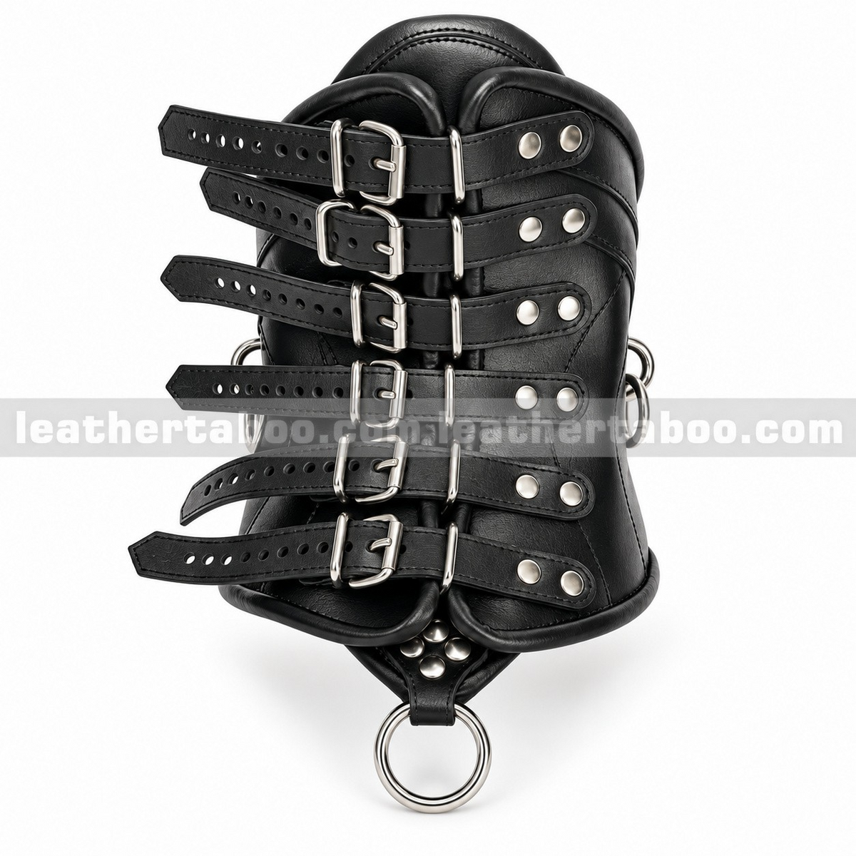 Rear view of black leather neck corset showing six adjustable buckle straps, riveted leather tabs, rounded edge binding and a lower hanging ring.