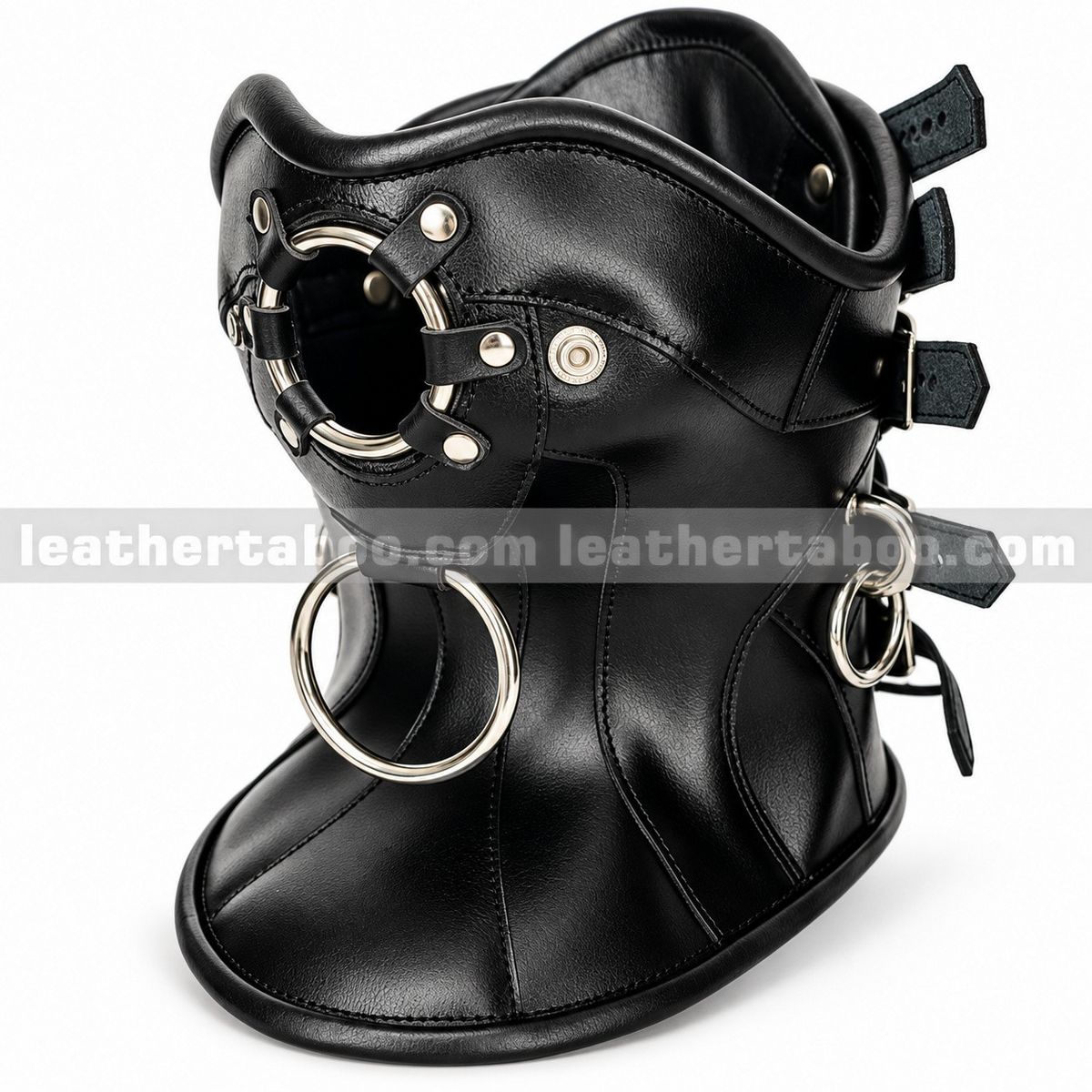 Angled view of black leather neck corset with exposed circular mouth ring, large front hanging ring, side rings and curved stitched panel edges.
