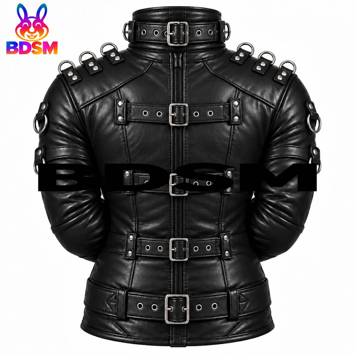 Back view of black leather straitjacket with central rear zipper, four buckle straps, shoulder D-rings and high buckle collar