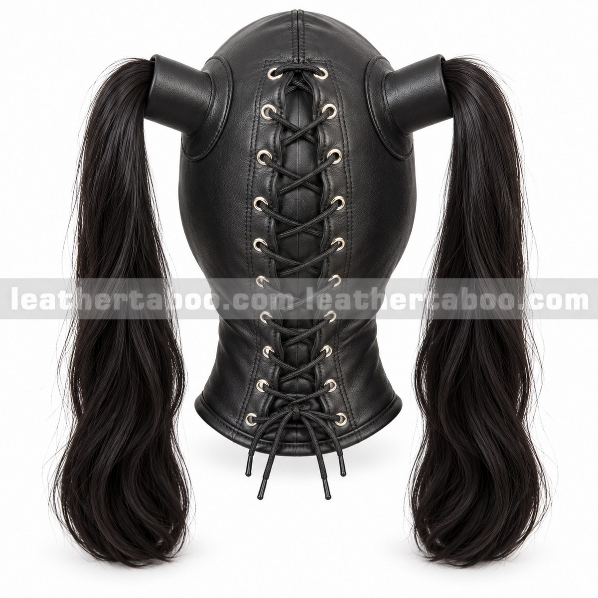Rear view of black leather twin-ponytail hood showing full-length cord lacing, silver-tone eyelets, neck coverage and two side hair openings.