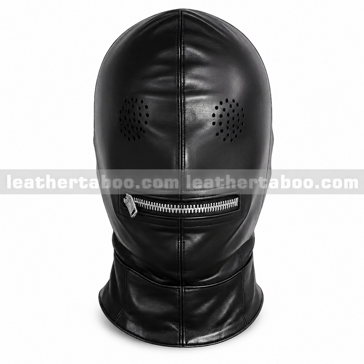 Front view of black leather hood mask with circular perforated eye panels, a silver-tone mouth zipper and extended neck against a white background.