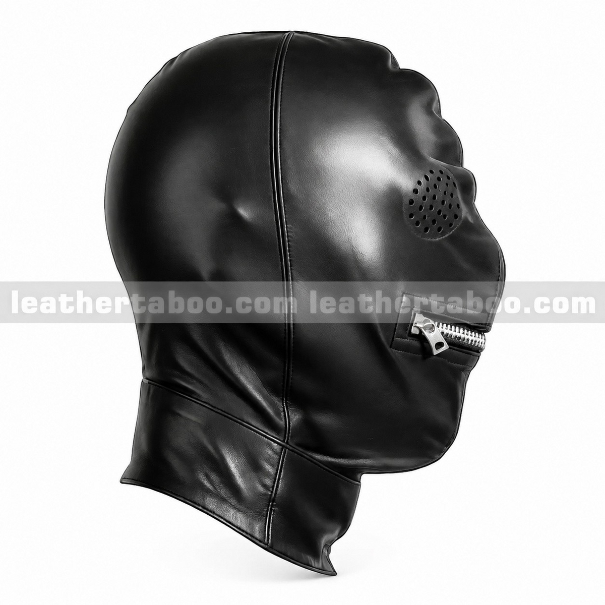 Side view of black leather hood mask showing perforated eye panel, silver-tone mouth zipper, shaped seams and extended neck on a white background.