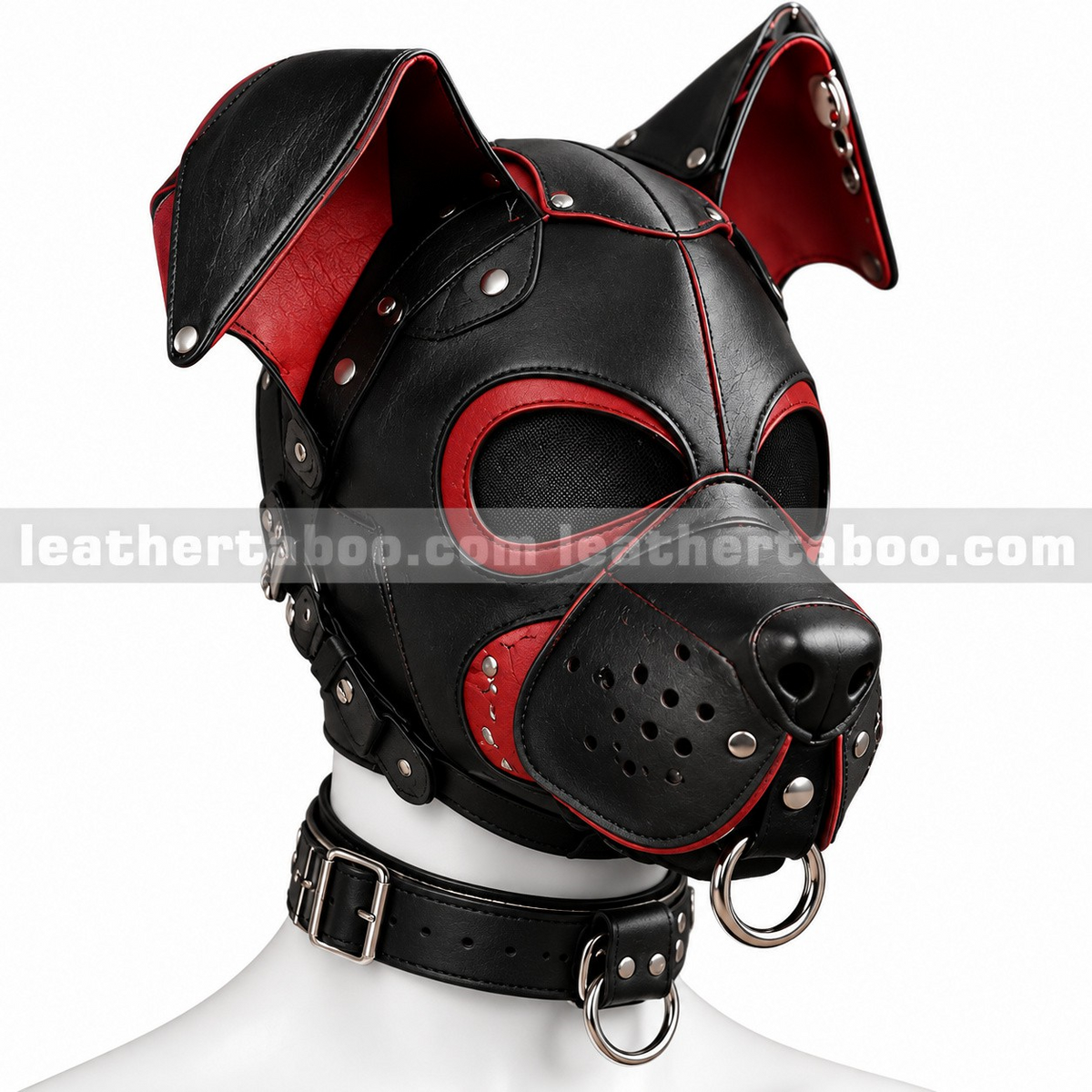 Angled front view of black and red leather dog mask with folded ears, mesh eye panels, perforated muzzle and metal rings on a mannequin.