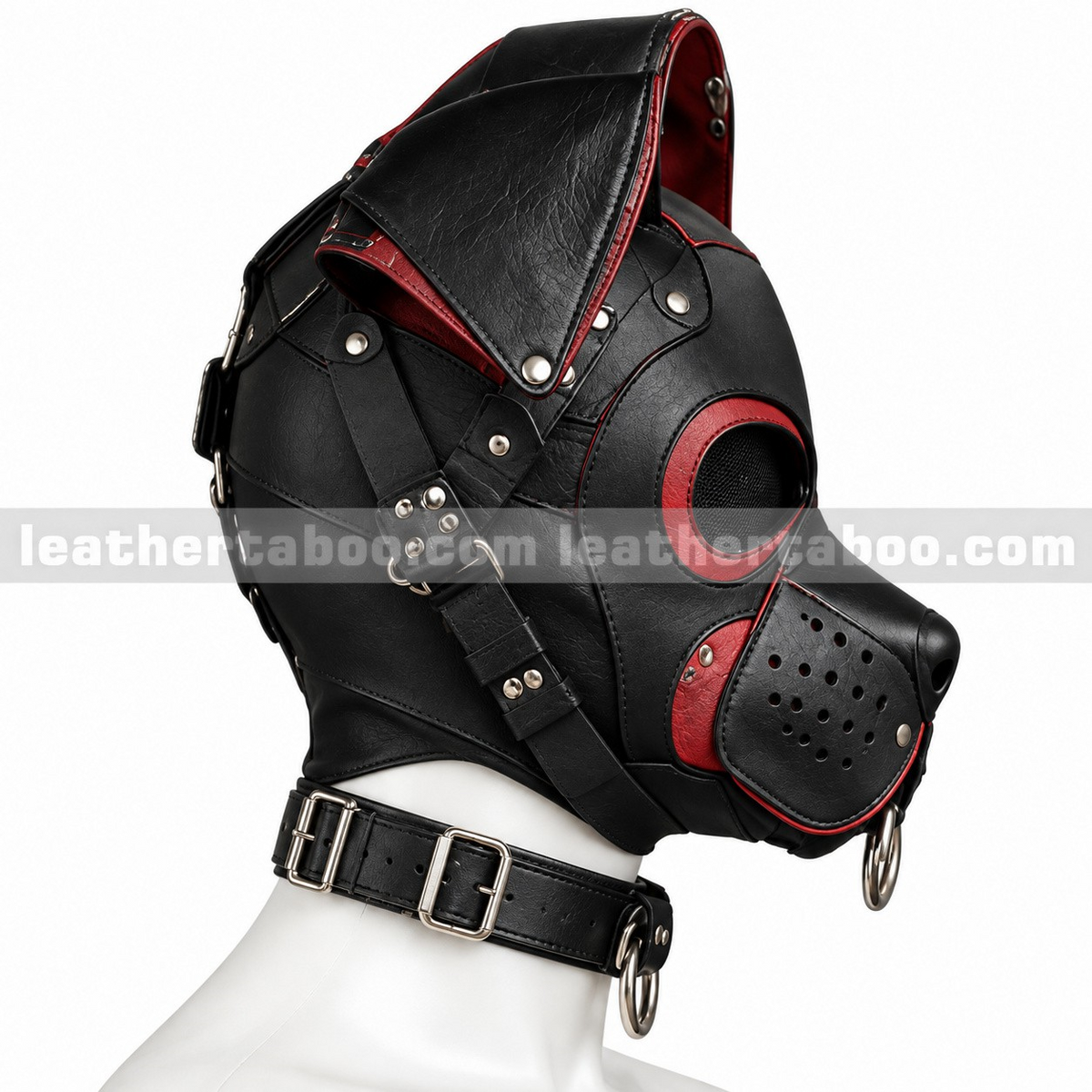 Side view of black leather pup hood with red eye trim, folded ears, perforated muzzle, metal rivets and adjustable buckle straps.