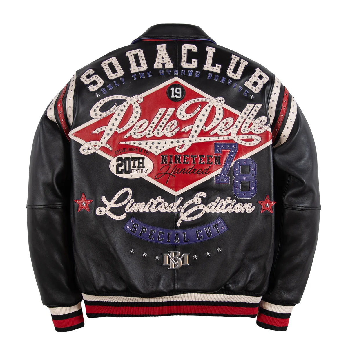 Back view of a black leather Soda Club 78 jacket with a large red graphic panel, studded cream lettering, stars and striped ribbed hem.