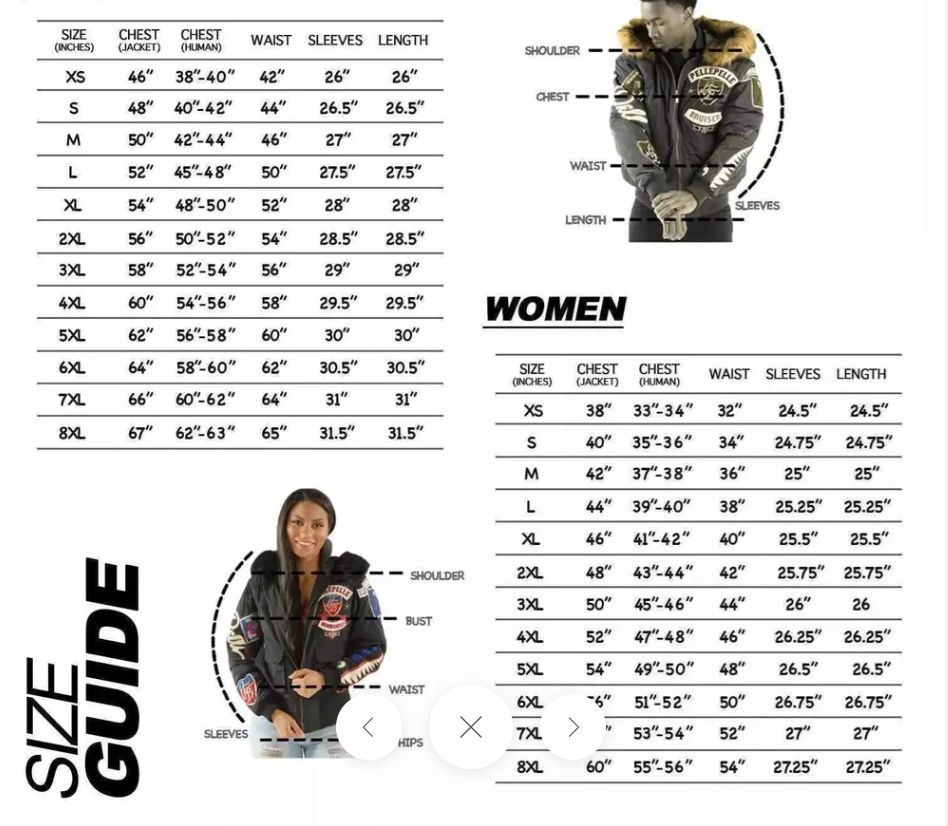 Jacket size guide in inches for XS through 8XL, showing garment chest, body chest, waist, sleeve and length measurements for men and women.