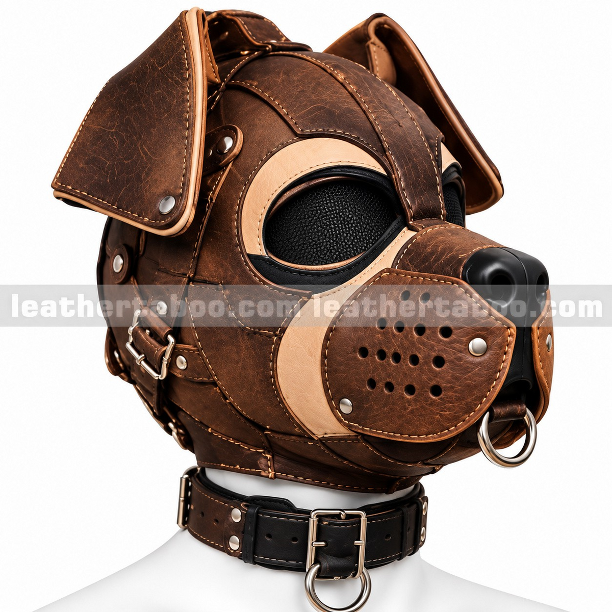 Angled view of brown leather pup hood showing floppy ears, tan trim, shaped black nose, perforated muzzle and adjustable side buckle straps.