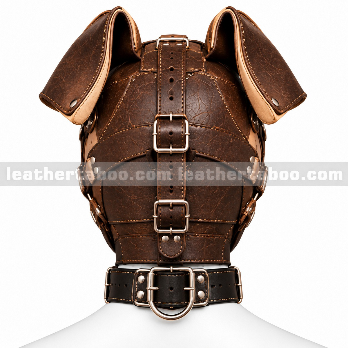 Rear view of brown leather dog hood with stitched panels, floppy ears, adjustable buckle straps and a black collar on a white mannequin.