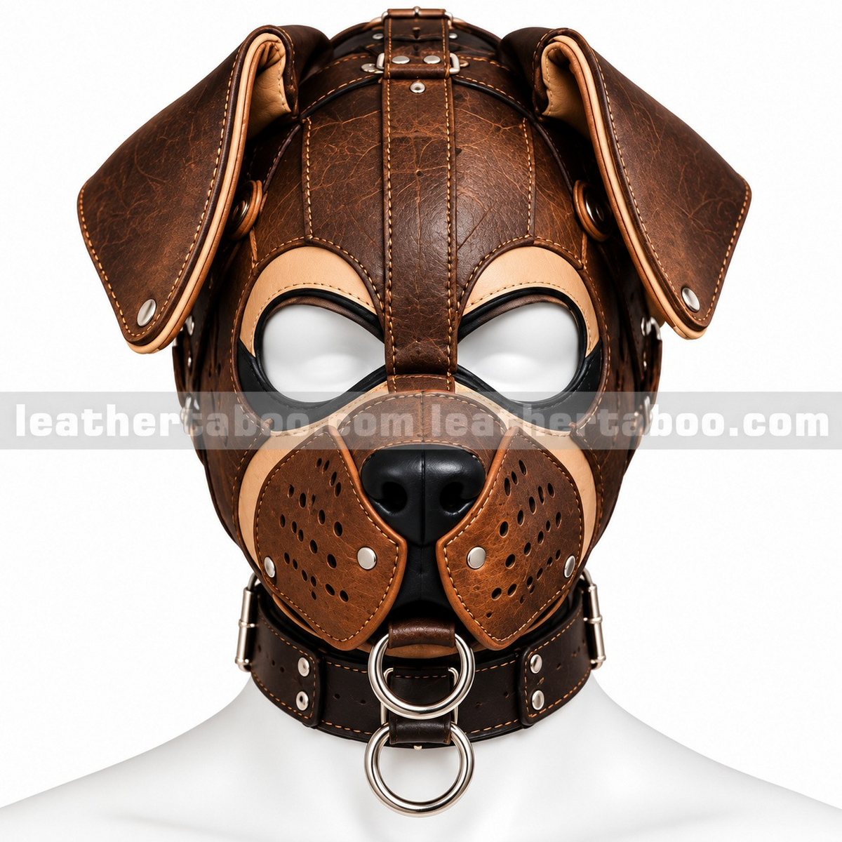 Front view of brown leather dog mask with floppy ears, tan eye trim, perforated muzzle panels, buckle straps and metal rings on a mannequin.