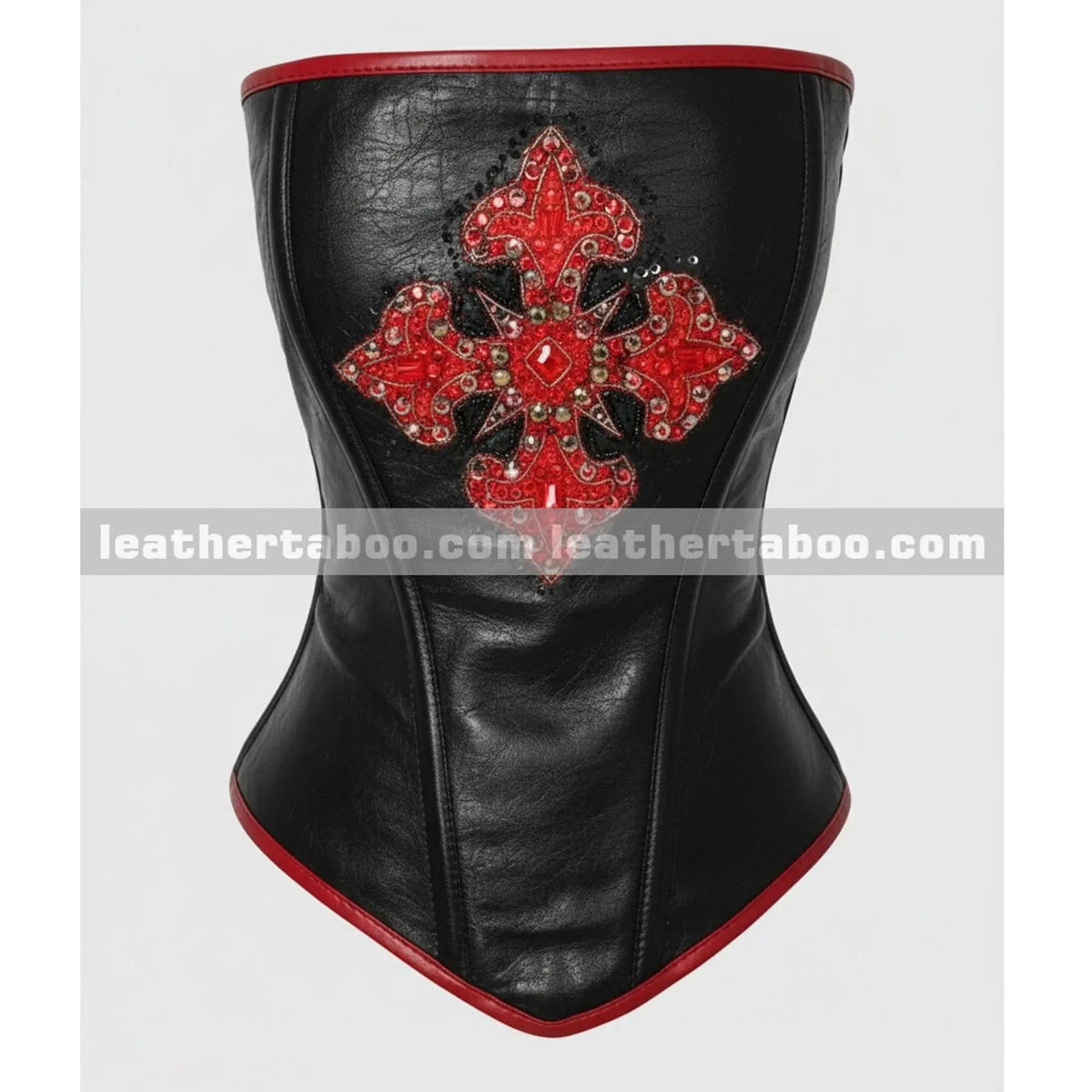 Black Leather Corset Top with Red Embroidered Detail | Handmade Structured Leather Fashion Top leathertaboo.com