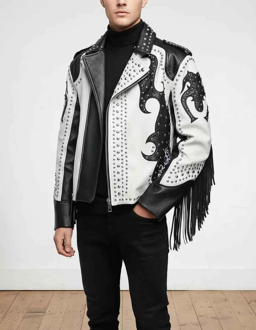 Men's Handmade Two Tone Studded White Leather Biker Jacket