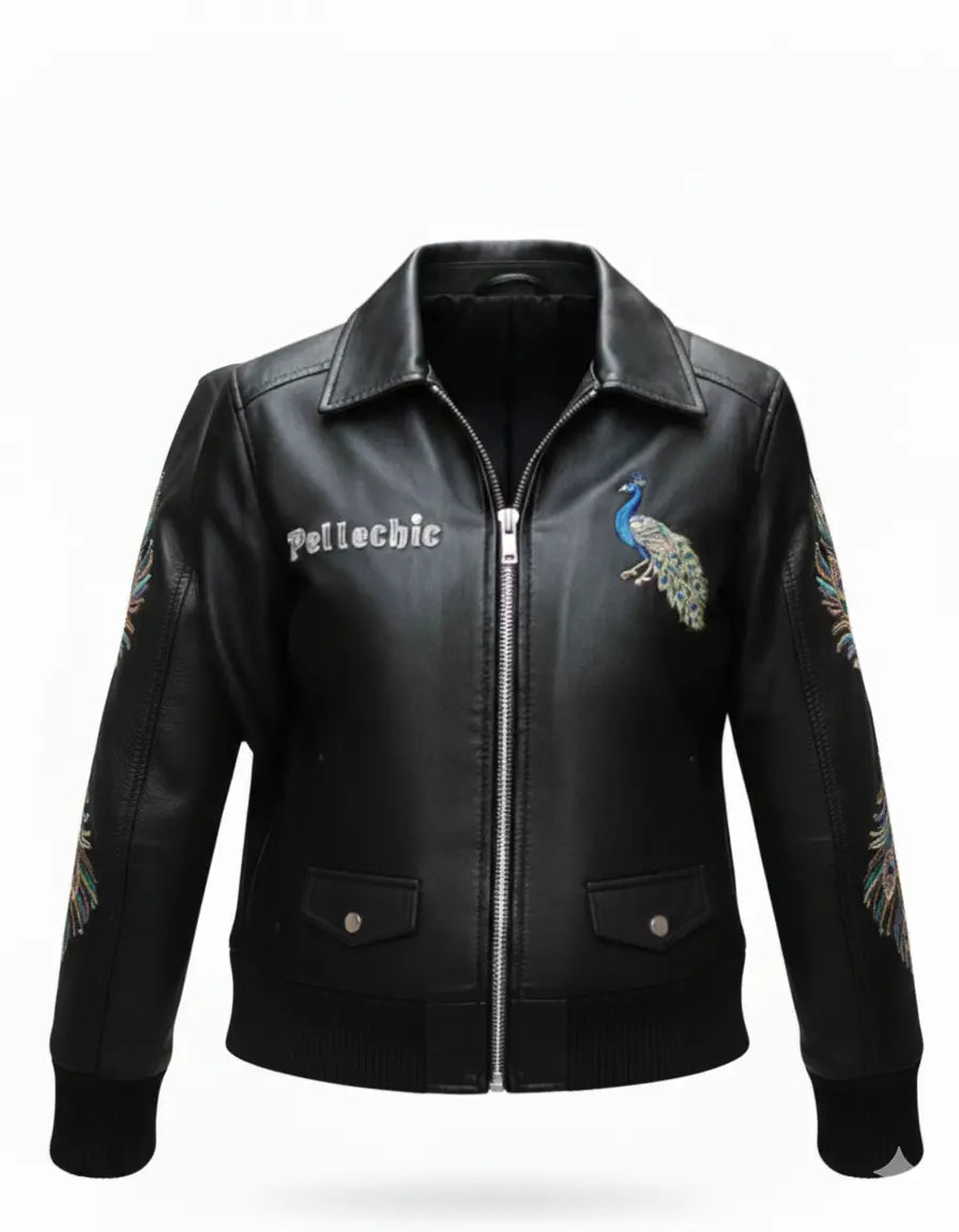 Majestic Peacock Luxury Leather Bomber Jacket, back view