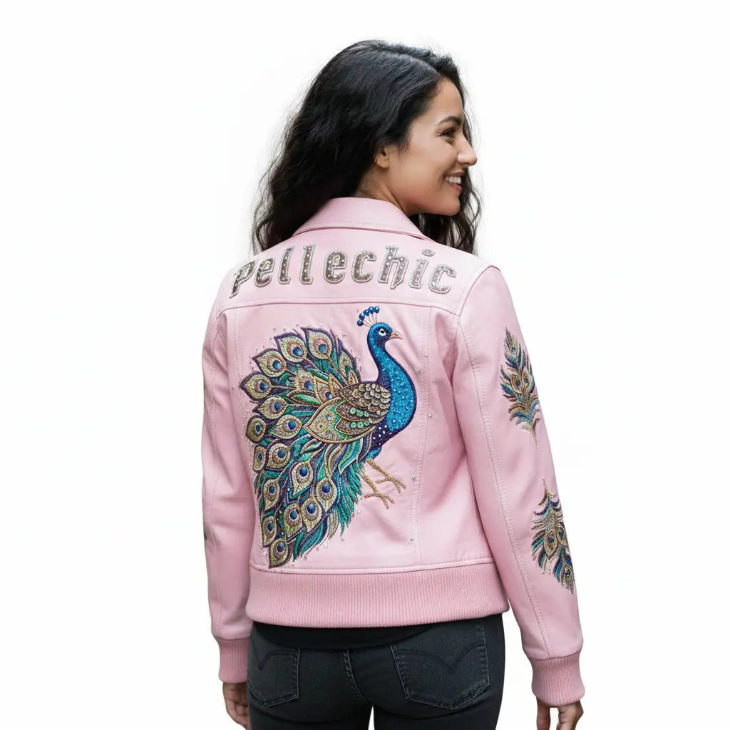 Majestic Peacock Luxury Leather Bomber, front view