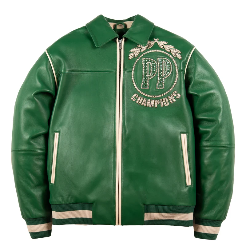 Front view of jet green Pelle Pelle Champions Jacket in genuine leather with ivory zipper trim, studded chest emblem and striped rib-knit hem.