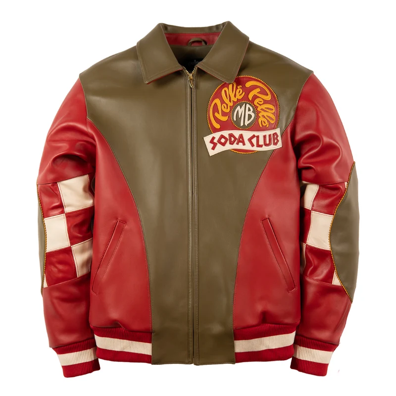 Front view of Pelle Pelle Checkered Soda Club Jacket in olive and red leather with an appliqué chest logo and striped rib-knit trim.