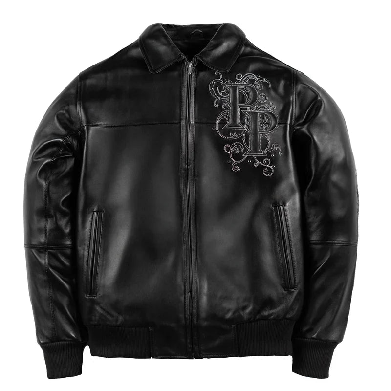 Front view of black Pelle Pelle Shoulder Crest jacket with silver-tone PP monogram detailing, zip closure and rib-knit trim.
