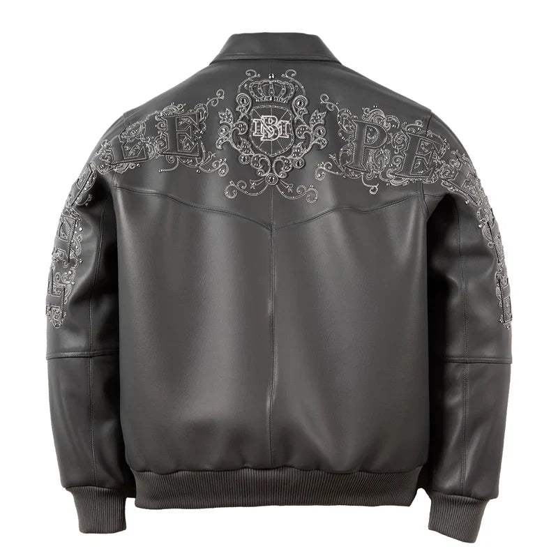 Back view of gray Pelle Pelle Shoulder Crest leather jacket with ornate logo crest across the shoulder yoke and rib-knit hem.
