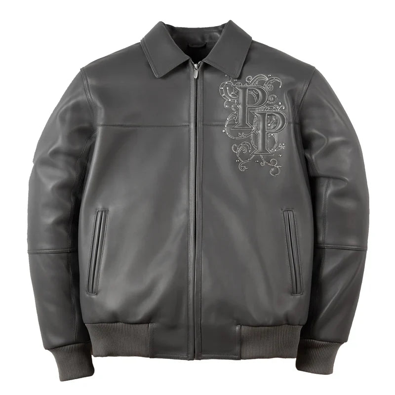 Front view of gray Pelle Pelle Shoulder Crest leather jacket with zip closure, pointed collar, chest crest and rib-knit cuffs.