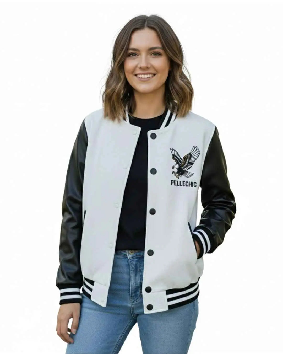 Elite Black & White Varsity Jacket with Eagle Patch, patch detail 2