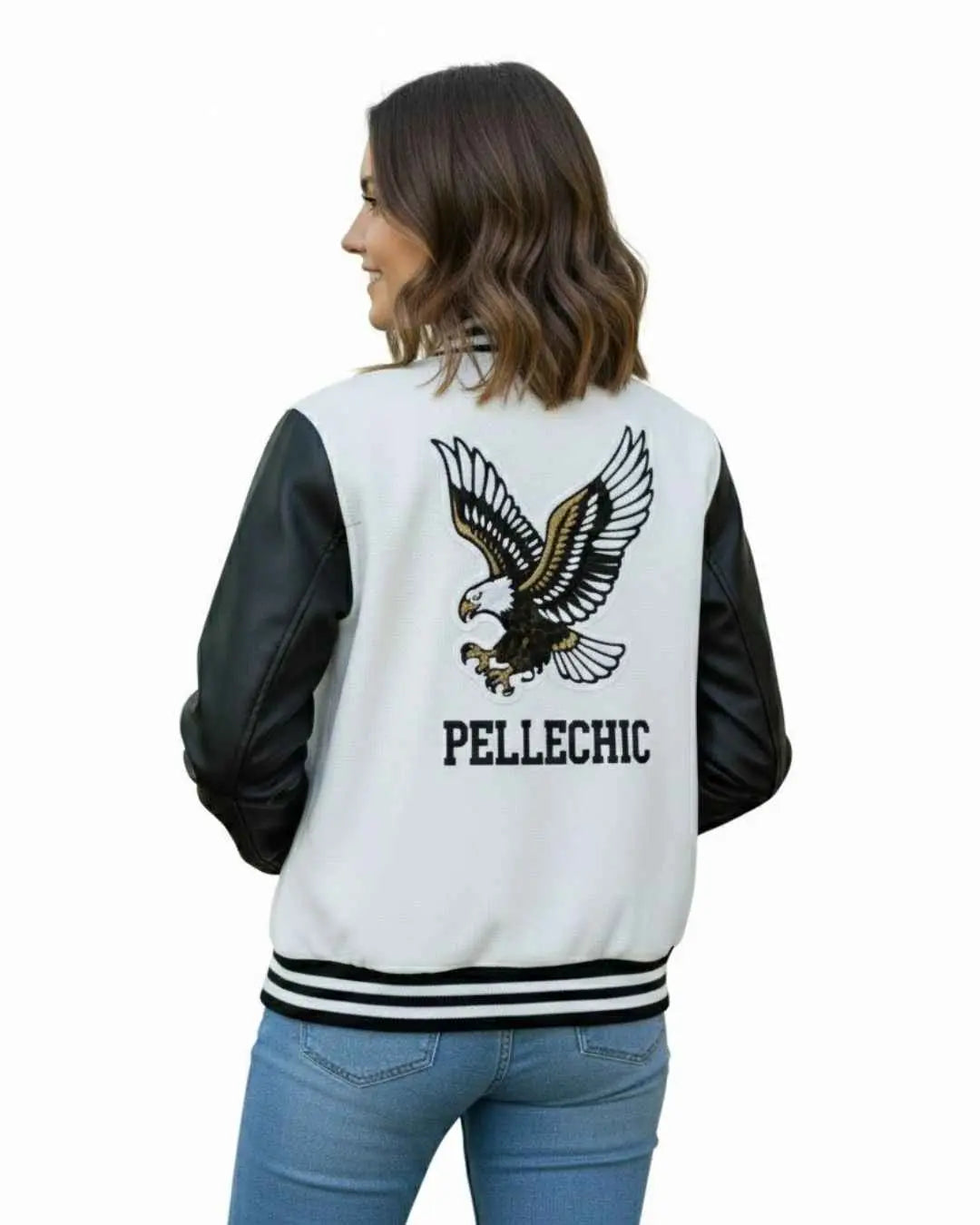 Elite Black & White Varsity Jacket with Eagle Patch, patch detail