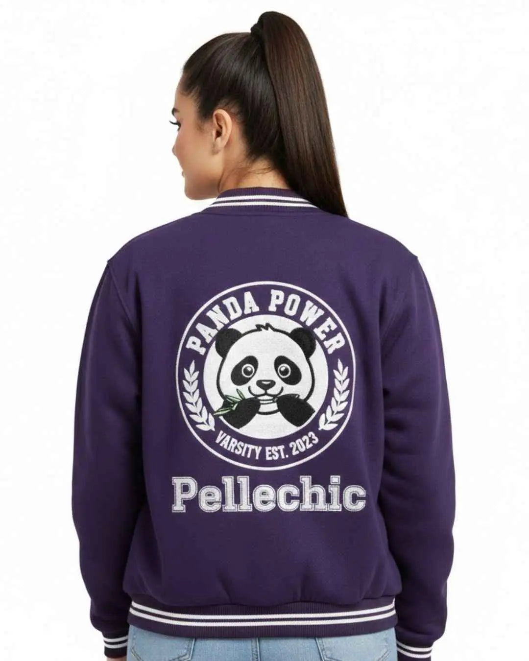 Panda Power Purple Varsity Jacket, front view