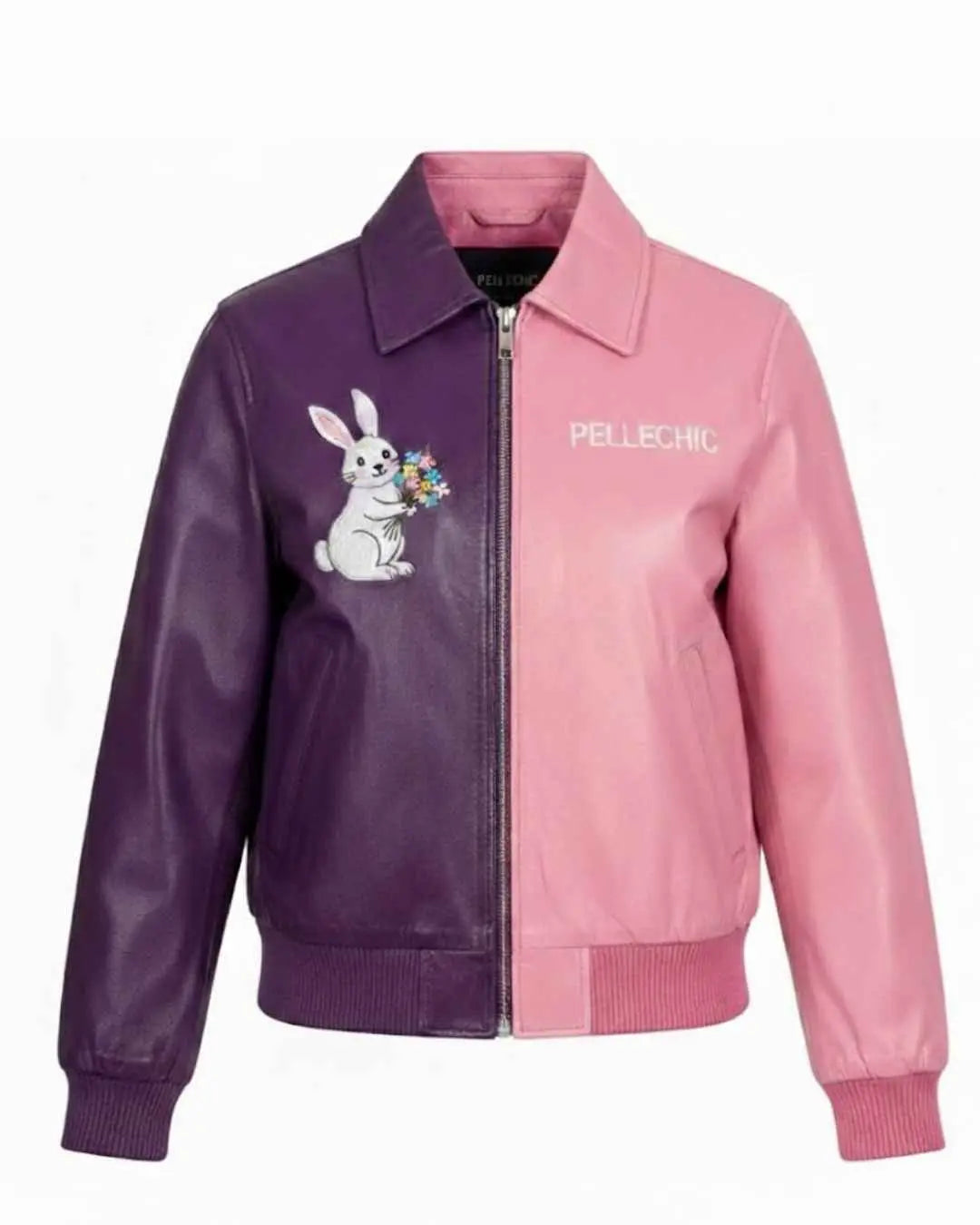 Two-Tone Leather Jacket with Floral Rabbit Embroidery, embroidery detail