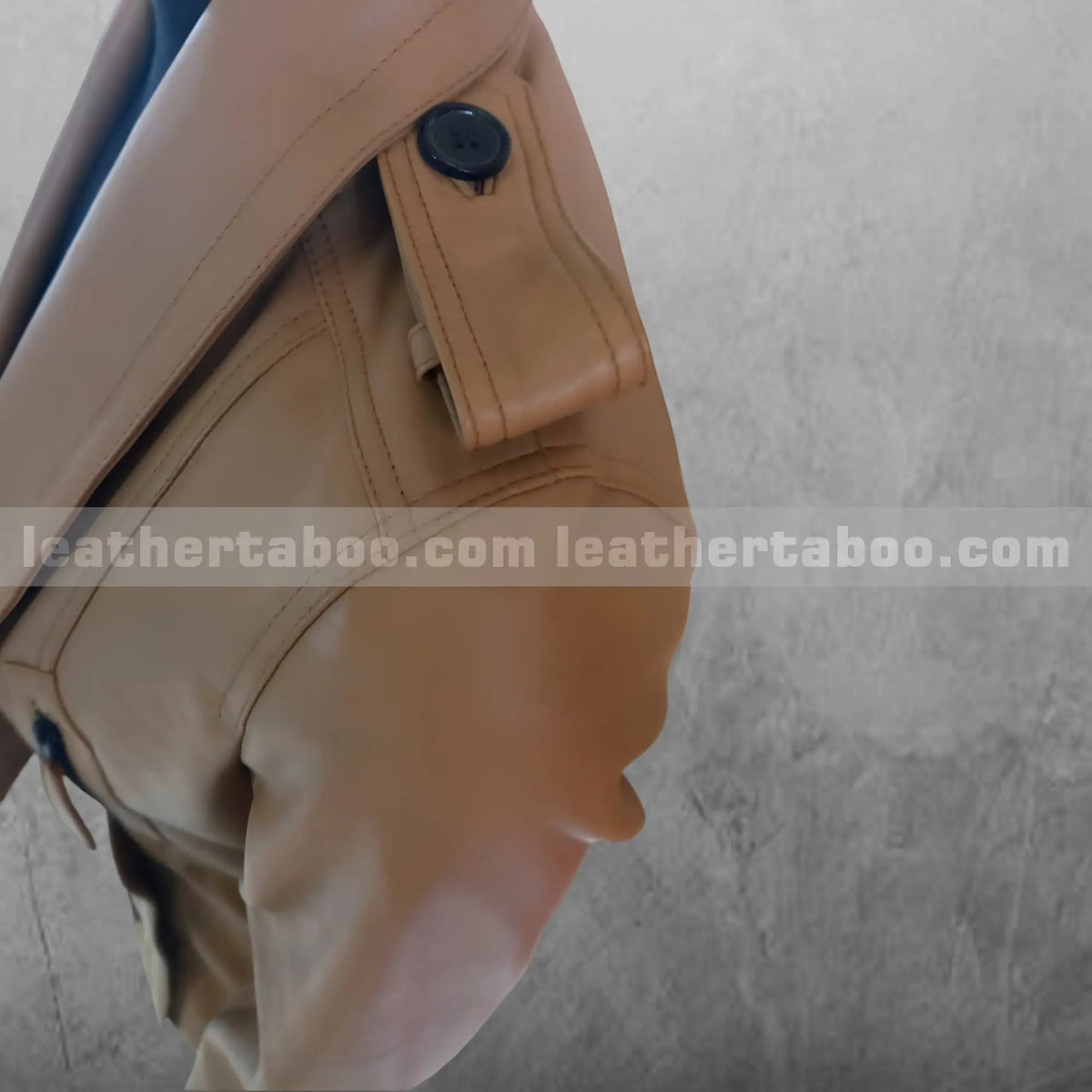 Tan Leather Double-Breasted Jacket, zipper detail 3