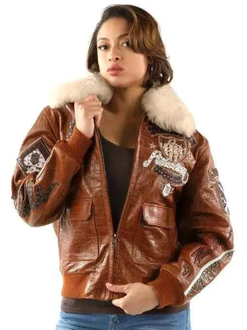 Women's Fur Collar Brown Leather Jacket, collar detail 2