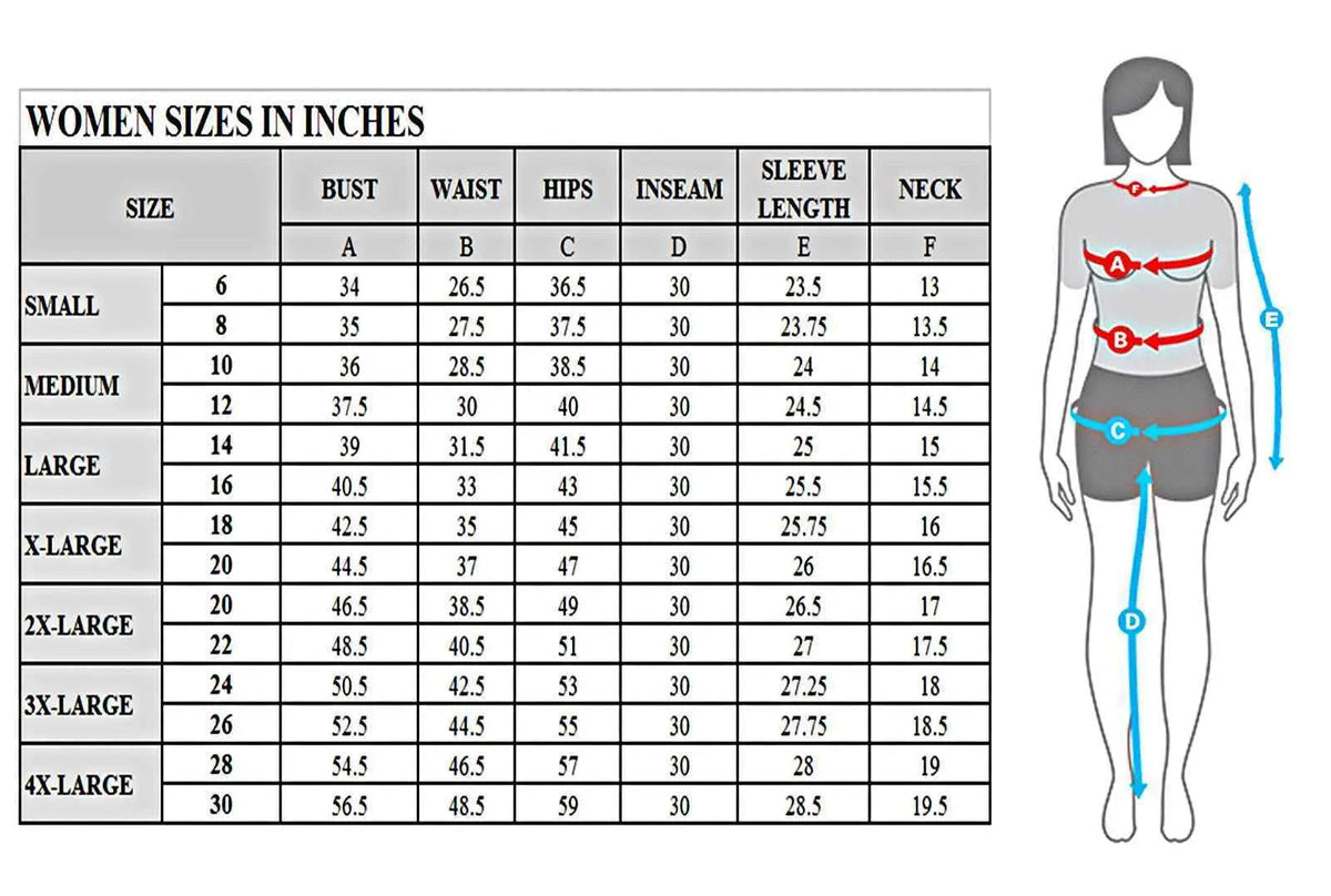 Women's size chart for selecting a garment size