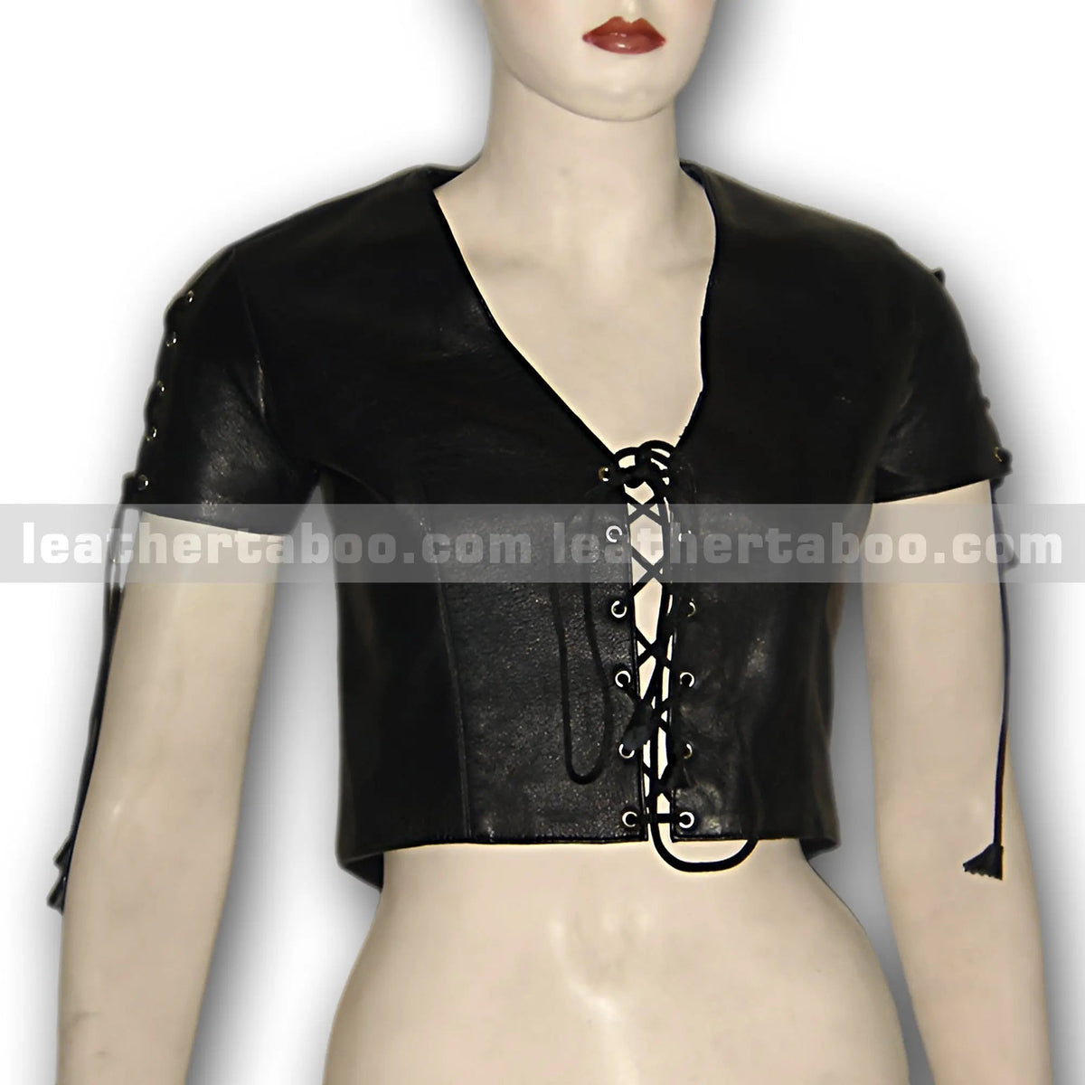 Women's Black Lace-Up Sheepskin Leather Crop Top – Short Sleeve V-Neck Corset Style - leather taboo