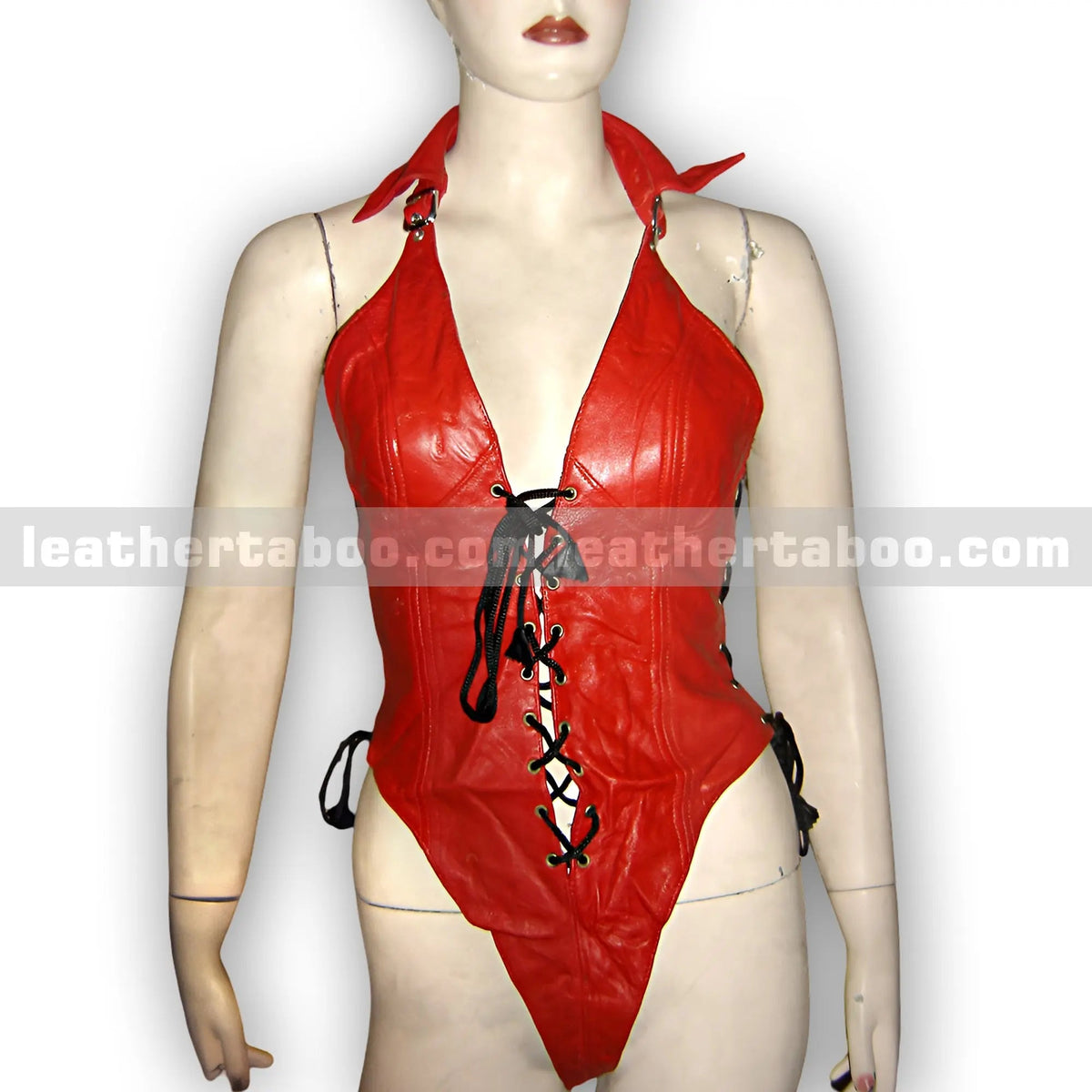 Red Sheepskin Leather Lace-Up Bodysuit for Women – Halter Neck Design - leather taboo