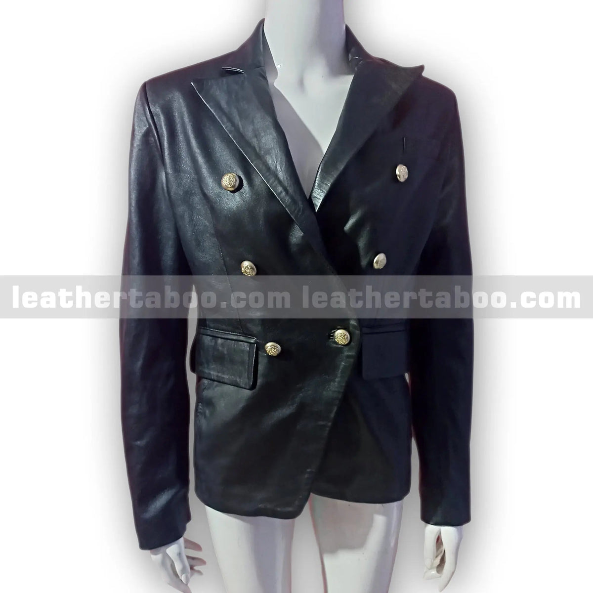 Women's Black Sheepskin Leather Blazer with Gold Buttons – Double Breasted Formal Jacket - leather taboo