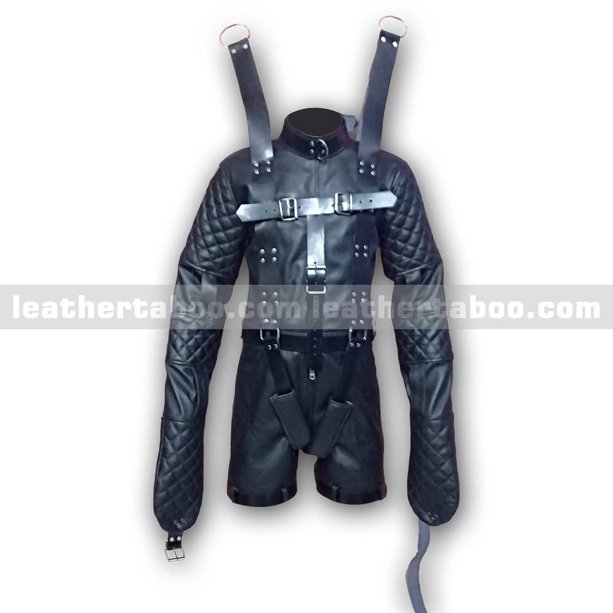Men's Premium Cowhide Leather Restraint Suit with Quilted Sleeves and Adjustable Straps - leather taboo