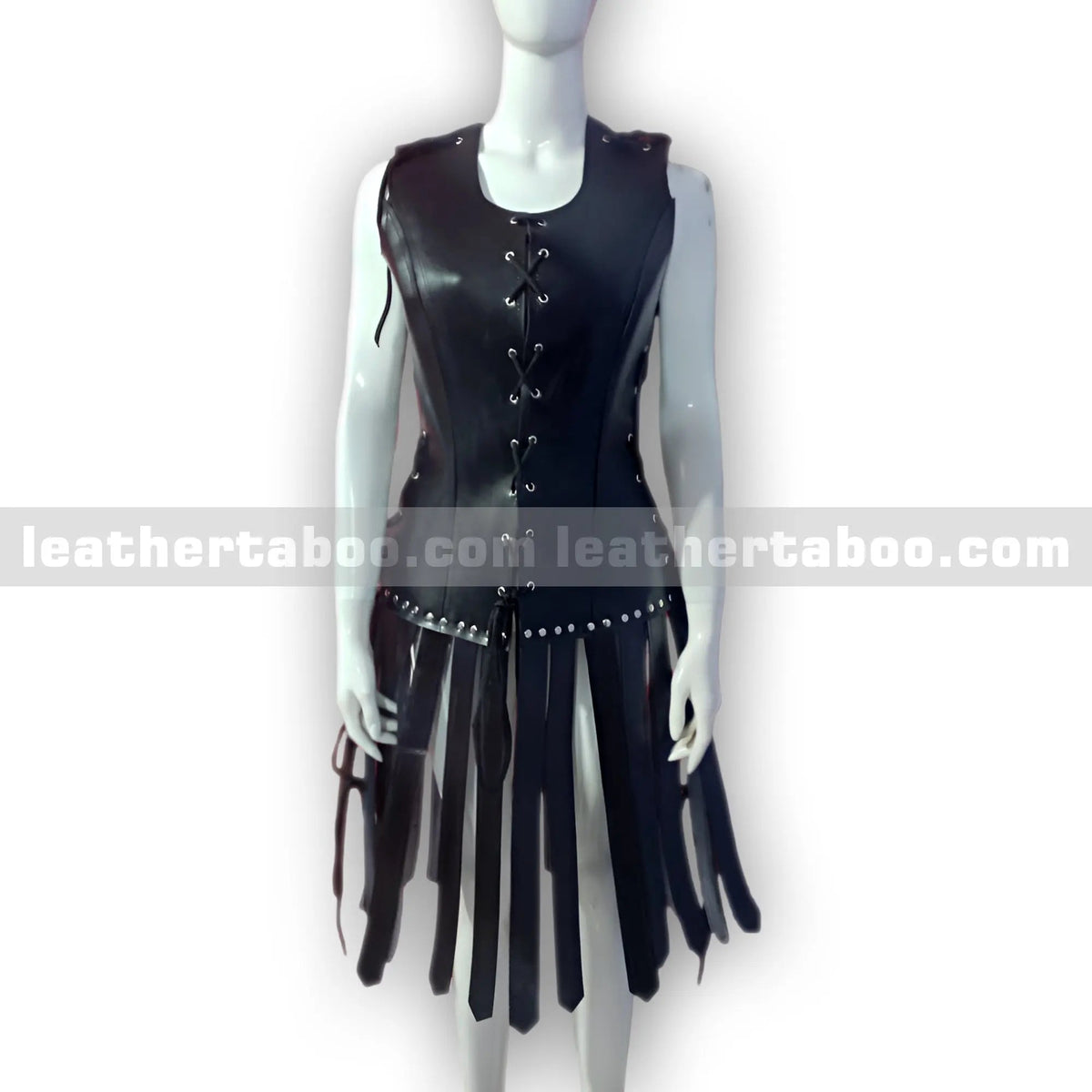 Women’s Black Leather Lace-Up Dress – Gladiator Style with Fringe Skirt - leather taboo