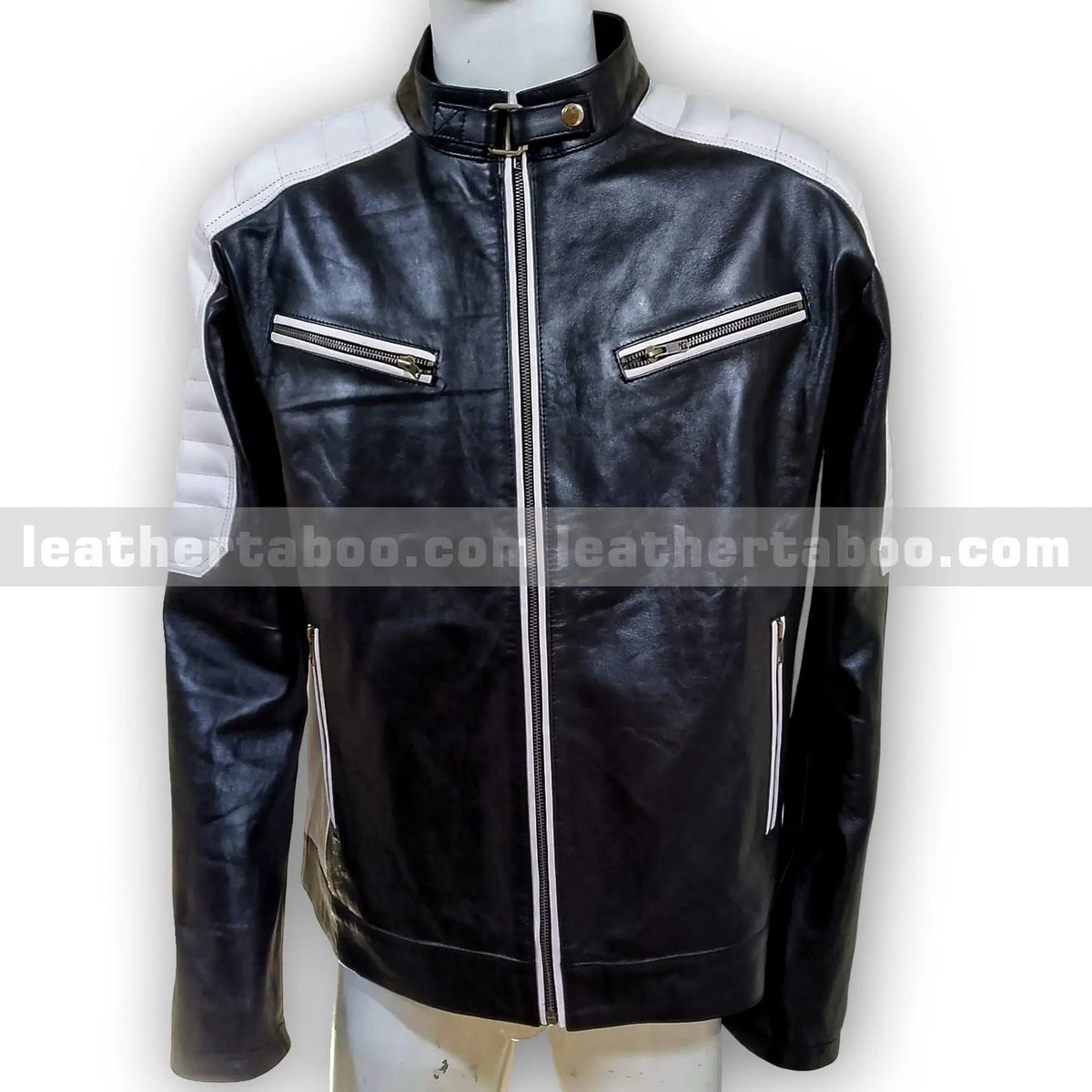 Men's Premium Cowhide Leather Biker Jacket with White Shoulder Panels and Zipper Details – Streetwear Style Outerwear - leather taboo