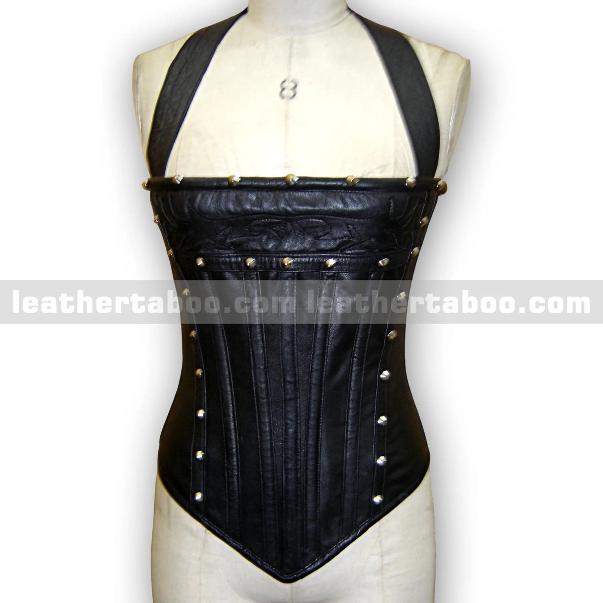 Women's Sheepskin Leather Corset Top with Stud Details | Black Fitted Waist Cincher | Halter Neck Leather Bustier | Structured Design - leather taboo