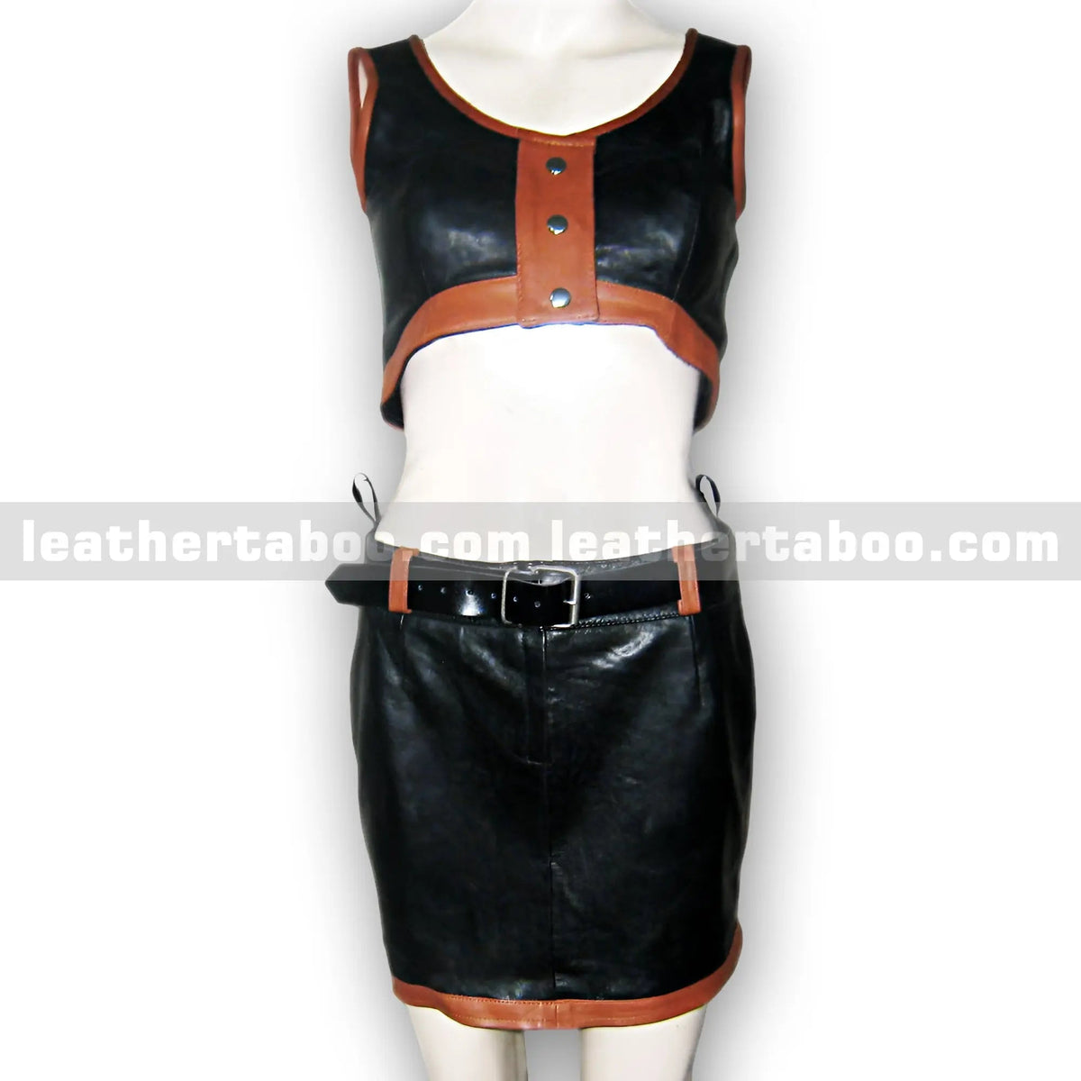 Women's Premium Sheepskin Leather Two-Piece Outfit – Black and Brown Crop Top with Belted Skirt - leather taboo