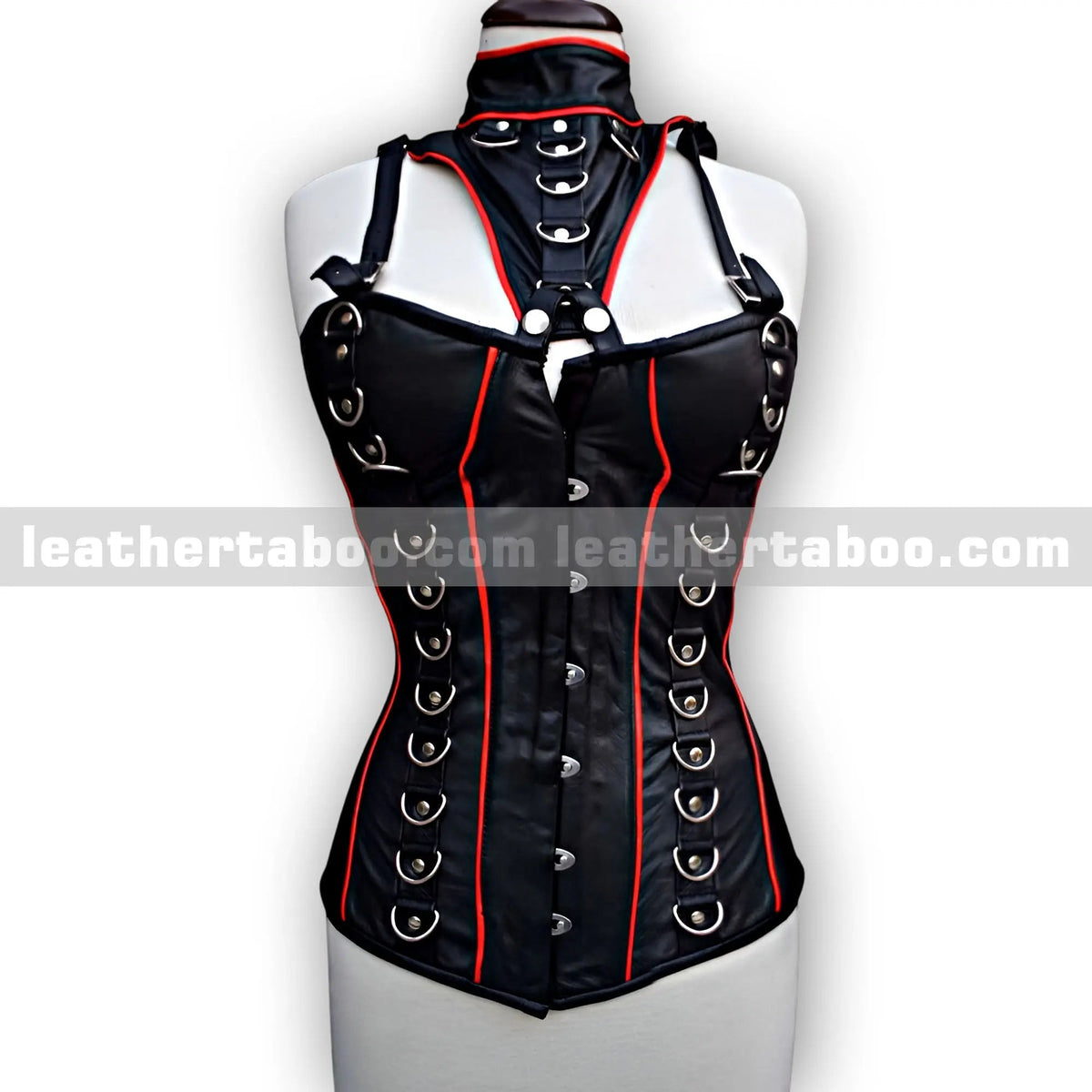 Women's Black Sheepskin Leather Corset Top with Red Trim and Buckle Details | Adjustable Lace Back | Premium Real Leather Wear - leather taboo