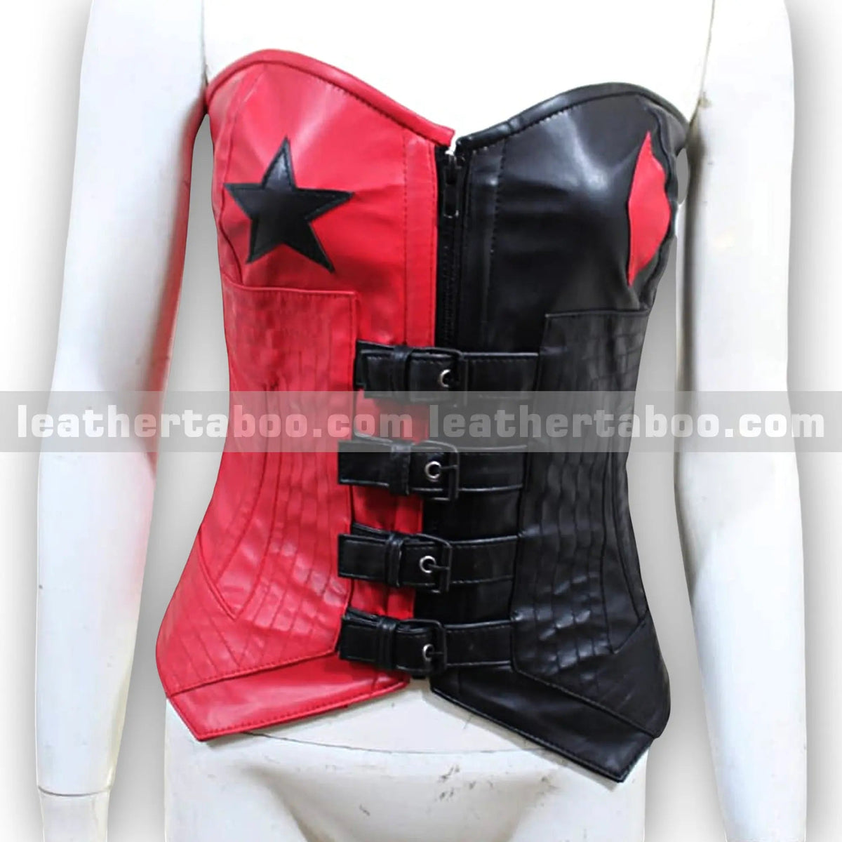 Red and Black Sheepskin Leather Corset Top for Women with Zipper and Buckle Detail – Premium Quality Structured Fit - leather taboo